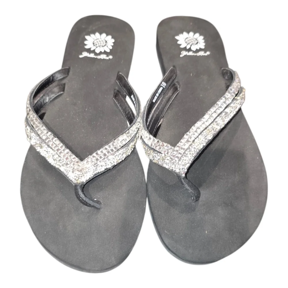 Yellow Box Black Rhinestone‎ Embellished Flip Flops Sandals Size 10 - Picture 2 of 6